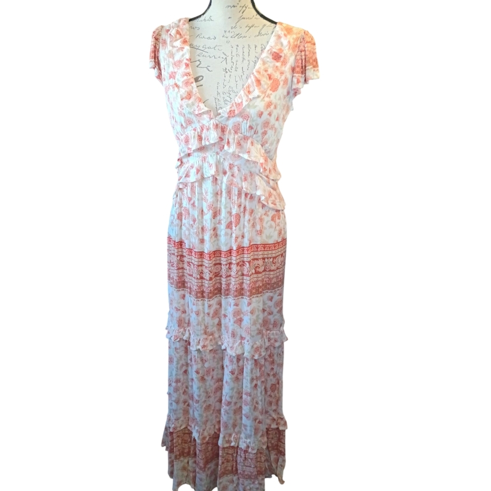 Anthropologie A Collective Story Piper Peach & Cream Floral Maxi Dress Cottage